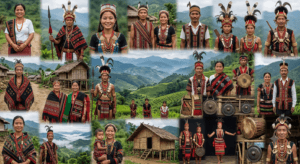 Ultra-realistic collage showing the major tribes and communities of Manipur wearing traditional attire in a cultural village setting.