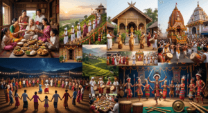 Ultra-realistic collage showcasing the major festivals of Manipur, including Yaoshang, Lai Haraoba, Ningol Chakouba, Cheiraoba, Kang Festival, and Kut Festival.