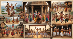 Ultra-realistic collage showcasing the famous classical and folk dance forms of Manipur, including Ras Lila, Pung Cholom, Kartal Cholom, and Khamba Thoibi Dance.