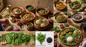 Ultra-realistic collage showcasing the famous traditional dishes of Manipur including Eromba, Singju, Chamthong, Paknam, Nga Thongba, and Chak-hao.