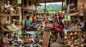 Ultra-realistic collage showcasing the traditional handloom weaving and handicrafts of Manipur, including phaneks, shawls, bamboo crafts, cane products, and Longpi black pottery.