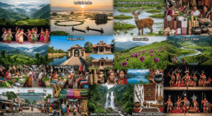 Ultra-realistic collage showcasing the major tourist attractions of Manipur, including Loktak Lake, Keibul Lamjao National Park, Kangla Fort, Ima Keithel, Shirui Hills, Dzüko Valley, and Moreh Border.