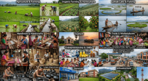 Ultra-realistic collage showing the economy of Manipur through agriculture, handloom, handicrafts, tourism, fisheries, and border trade at Moreh.