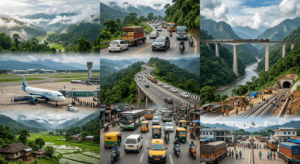 Ultra-realistic collage showing the transport network of Manipur, including highways, railways, Imphal International Airport, and the Moreh border trade route.