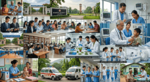 Ultra-realistic collage showcasing universities, medical colleges, hospitals, classrooms, students, doctors, and healthcare facilities in Manipur.