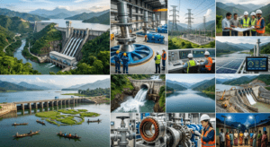 Ultra-realistic collage showing the Loktak Hydroelectric Power Station, Ithai Barrage, Leimatak Power Station, dams, reservoirs, and renewable energy infrastructure in Manipur.