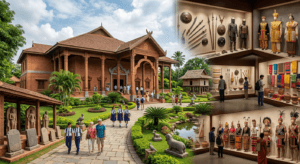 Ultra-realistic image of the Manipur State Museum in Imphal showcasing its architecture, historical artefacts, tribal culture, traditional costumes, and cultural heritage.