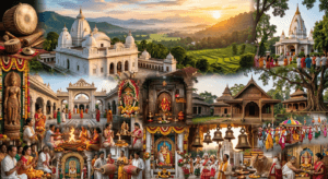 Ultra-realistic collage showcasing the famous temples of Manipur, including Shri Shri Govindajee Temple, Bijoy Govinda Temple, Mahabali Hanuman Temple, and ISKCON Temple Imphal.
