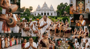 Ultra-realistic collage of Manipuri Sankirtana, UNESCO-recognised Intangible Cultural Heritage, featuring devotional singing, drumming, Ras Lila dance, and traditional Vaishnavite rituals.