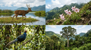 Ultra-realistic collage showing the official state symbols of Manipur including Sangai Deer, Mrs. Hume's Pheasant, Uningthou tree, and Shirui Lily.