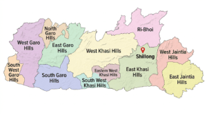 Administrative map of Meghalaya showing all districts with district boundaries and Shillong marked as the capital city.