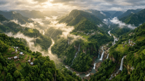 Aerial view of Meghalaya showing the Khasi, Jaintia and Garo Hills, lush valleys, forests, rivers, waterfalls, and traditional villages.