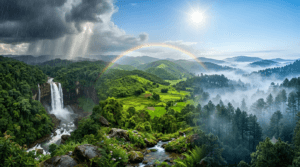 Landscape showing Meghalaya's misty hills, monsoon clouds, lush forests, waterfalls, and cool weather throughout the year.