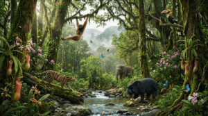 Dense evergreen forests of Meghalaya with orchids, pitcher plants, Hoolock Gibbons, clouded leopards, hornbills and rich biodiversity.
