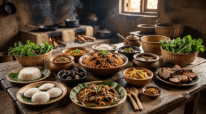 Traditional dishes of Meghalaya including Jadoh, Dohneiiong, Tungrymbai, Nakham Bitchi, Pumaloi, and bamboo shoot curry served in an authentic tribal setting.