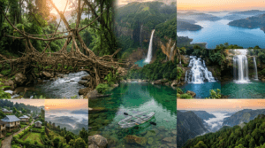 Collage of Meghalaya's famous tourist attractions including Living Root Bridge, Nohkalikai Falls, Umngot River, Umiam Lake, Mawlynnong, and Shillong Peak.