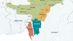 Political map of India highlighting the location of Mizoram in Northeast India with neighboring states and international borders.