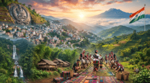 Collage showing the key highlights of Mizoram including Aizawl, Phawngpui, Vantawng Falls, Cheraw Bamboo Dance, bamboo forests, and traditional Mizo culture.