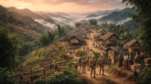 Historical scene of Mizoram showing traditional Mizo villages, tribal life, jhum cultivation, and the arrival of British colonial administration in the hill region.