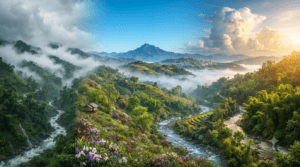 Scenic landscape of Mizoram showing misty hills, lush forests, rivers, and seasonal weather with monsoon clouds and clear winter skies.