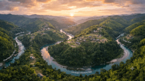 Aerial view of the Chhimtuipui, Tlawng, Tuirial, Tuivawl, and Khawthlangtuipui rivers flowing through the green hills and forests of Mizoram.