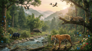 Wildlife of Mizoram featuring Dampa Tiger Reserve, Phawngpui National Park, Bengal tiger, clouded leopard, Hoolock gibbon, hornbills, and evergreen forests.