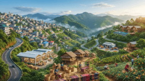 Economy of Mizoram featuring bamboo industries, handloom weaving, handicrafts, fruit processing, horticulture, eco-tourism, and Aizawl city.