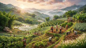 Terraced rice fields, jhum cultivation, orange orchards, pineapple plantations, ginger, turmeric, banana farms, and bamboo forests in Mizoram.