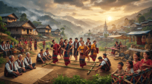 Mizo people performing Cheraw Bamboo Dance during Chapchar Kut festival with traditional bamboo houses, handloom weaving, and colorful ethnic attire in Mizoram.