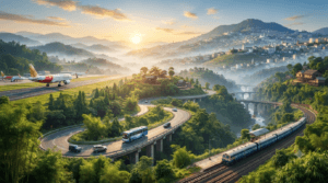 Lengpui Airport, Bairabi Railway Station, mountain highways, bridges, and modern transport infrastructure connecting Mizoram with the rest of India.