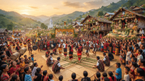 Chapchar Kut festival in Mizoram with Cheraw Bamboo Dance, traditional Mizo attire, folk music, harvest celebrations, and colorful cultural performances.