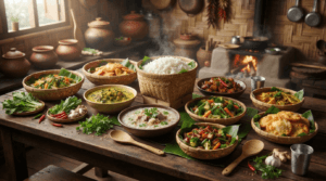 Traditional Mizoram dishes including Bai, Sawhchiar, Vawksa Rep, Chhum Han, Bamboo Shoot Curry, and Koat Pitha served in authentic Mizo style.