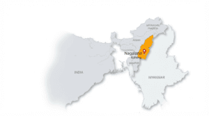Political map of India highlighting the location of Nagaland with Kohima marked as the capital city.