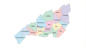 Political map of Nagaland showing all 17 districts with administrative boundaries and district names.