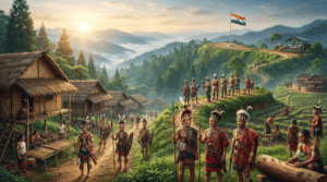 Traditional Naga tribal village, tribal leaders, British colonial era, and Nagaland statehood depicted in a historical documentary scene.