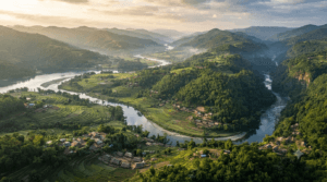 Doyang, Dhansiri, Dikhu, Tizu, and Zungki rivers flowing through the forested hills and valleys of Nagaland.