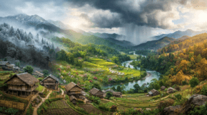 Nagaland landscape showing misty mountains, monsoon clouds, lush forests, rivers, and changing seasons.