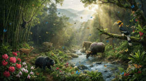 Dense forests of Nagaland with orchids, rhododendrons, Great Indian Hornbill, clouded leopard, elephants, and other native wildlife.