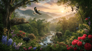 Intanki National Park, Fakim Wildlife Sanctuary, Puliebadze Wildlife Sanctuary, Great Indian Hornbill, clouded leopard, and lush forests of Nagaland.