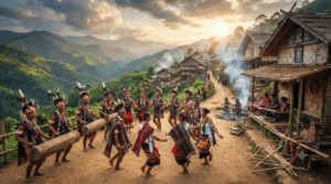 Naga tribal men and women performing traditional dances in colourful attire during the Hornbill Festival in Nagaland.