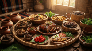 Traditional Naga dishes including Smoked Pork with Bamboo Shoot, Galho, Axone, Sticky Rice, Bamboo Shoot Curry, and Naga King Chilli.