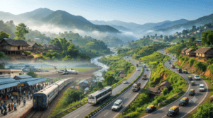 Dimapur Railway Station, Dimapur Airport, National Highway 29, and road transport through the scenic hills of Nagaland.
