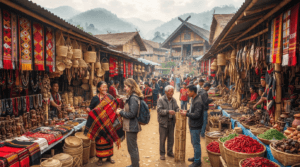 Traditional markets in Nagaland displaying Naga shawls, bamboo handicrafts, bead jewellery, organic spices, and local souvenirs.