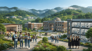 Nagaland University campus with students, academic buildings, libraries, and green surroundings representing higher education in Nagaland.