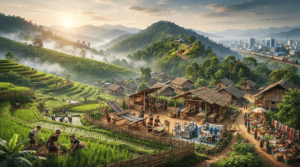 Agriculture, bamboo handicrafts, handloom weaving, local markets, and small-scale industries representing the economy of Nagaland.