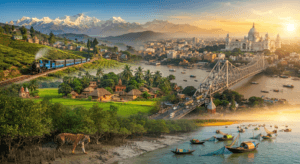 Scenic overview of West Bengal featuring Kolkata, Darjeeling tea gardens, Sundarbans, and rural landscapes.