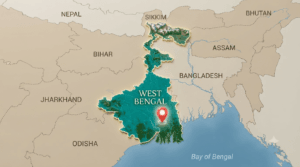 West Bengal highlighted on the political map of India showing its location and neighboring states.