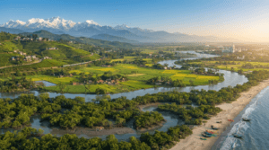 Diverse geographical landscape of West Bengal featuring the Himalayas, Gangetic plains, Hooghly River, Sundarbans, and Bay of Bengal coast.