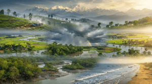 Seasonal landscapes of West Bengal showing the Himalayas, monsoon plains, Sundarbans, and Bay of Bengal coast.