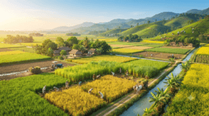 Rice fields, jute cultivation, tea gardens, and fertile farmlands in West Bengal.